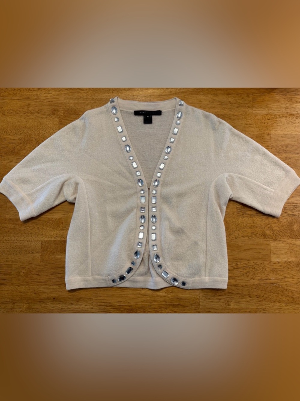 Marc Jacobs Cream Wool Short Sleeve Cropped Cardigan Jewel Detailing Size Medium